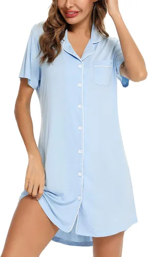 Vista 153 de Samring Camisón de pijama para mujer, manga corta/larga, con botones, camisón para dormir, camisón para novio, talla XXL