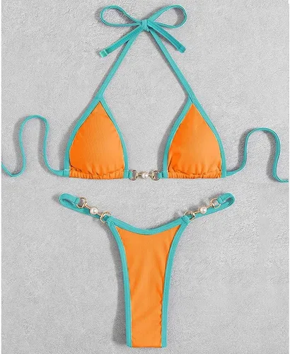 Vista 3 de Jonhasoo Conjunto de bikini de tanga triangular acanalado, halter con micro tanga y bikini inferior, traje de baño de dos piezas