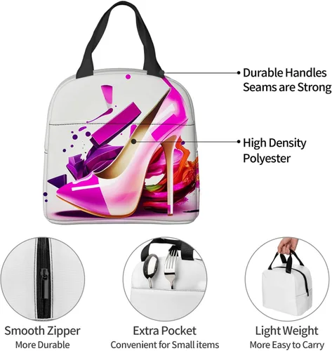 Vista 7 de OOZ Lonchera aislada para mujeres y hombres, estampado de zapatos de tacón alto rosa, reutilizable, a prueba de fugas, para adultos, oficina