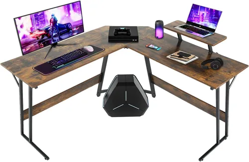 Vista 10 de NChanmar Escritorio para juegos en forma de L con soporte elevador para monitor, escritorio de esquina para oficina en casa para estudiar, trabajar