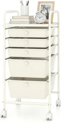 Vista 24 de COSTWAY Carrito de almacenamiento rodante con 4 cajones, carrito de almacenamiento de plástico y organizador con 4 cajones extraíbles, carrito