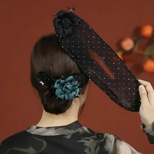 Vista 3 de Pinzas para el cabello Easy Snap Roll, juego de moños de mariposa con flores bordadas (6 unidades) Embroidered Style,Sheer Fabric