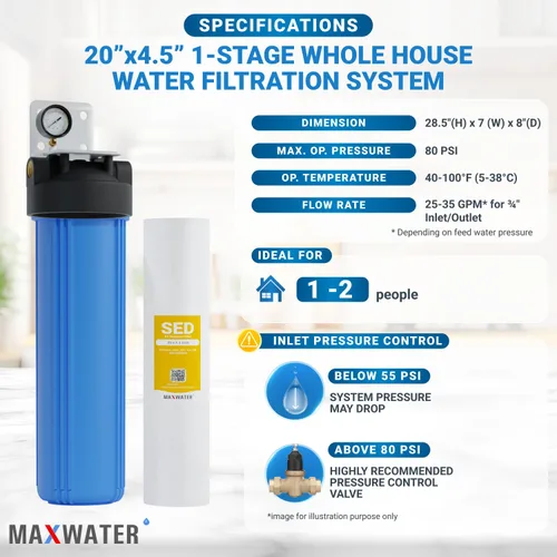 Vista 2 de Max Water Carcasa universal para filtro de agua para toda la casa, cartucho de carbono de sedimentos de 20 x 4.5 pulgadas, sistema de prefiltración