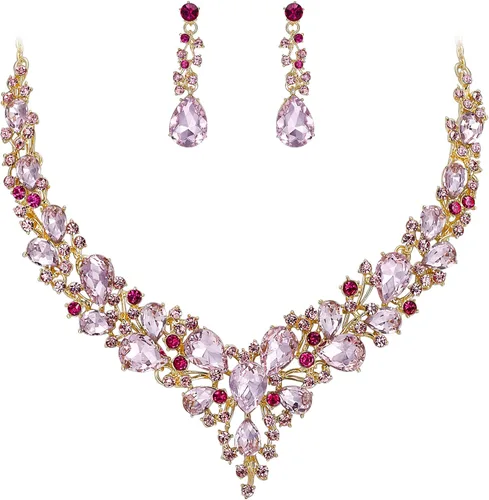 Vista 23 de BriLove Women's Wedding Statement Necklace Dangle Earring Jewelry 01-Tono plateado transparente