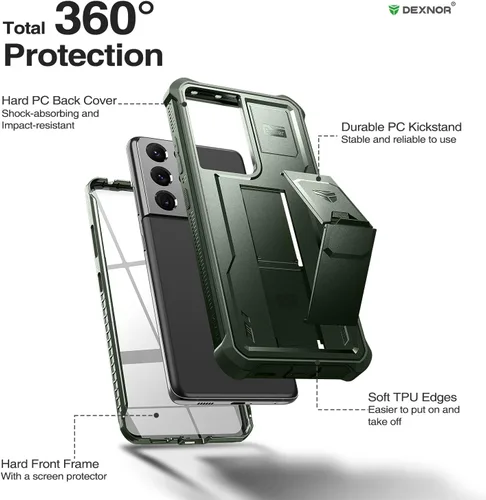 Vista 6 de Dexnor Funda para Samsung Galaxy S21 Ultra, [Protector de pantalla y soporte integrados] Protección de grado militar resistente a prueba de golpes