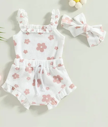 Vista 2 de Conjunto de ropa de verano para bebé recién nacida, conjunto de ropa de verano con estampado floral, mameluco con cordón y diadema corta