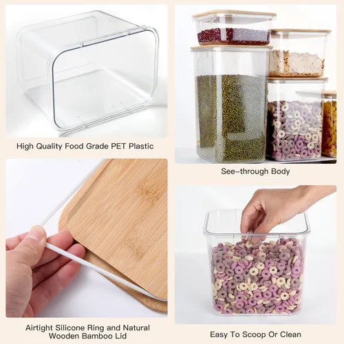 Vista 3 de Recipientes de plástico de gran capacidad para almacenamiento de alimentos con tapa de bambú, caja de sellado a prueba de humedad con tapas