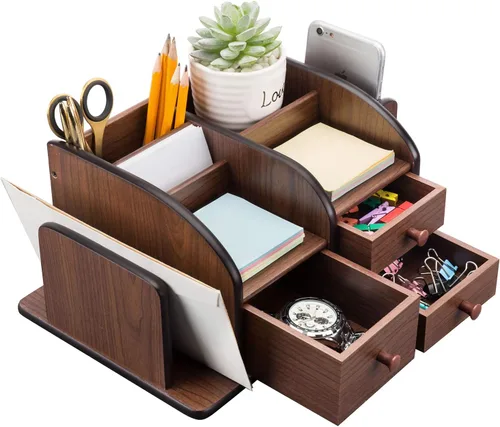 Vista 6 de MyGift organizador de elementos de escritorio y oficina, madera marrón, mueble con 3 gavetas, 3 compartimentos y 2 estantes