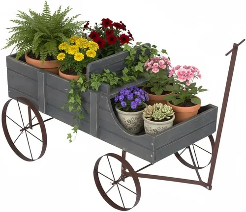 Vista 11 de Shine Company Maceta decorativa de jardín de carro, decoración de patio de madera para plantas al aire libre, pequeña, gris