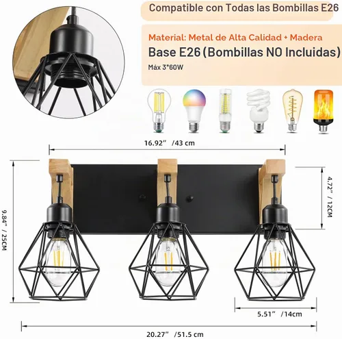 Vista 3 de VbiTmn Lámparas de baño de granja, 3 luces de tocador de baño, accesorios de iluminación rústica sobre el espejo, apliques de pared con elegante