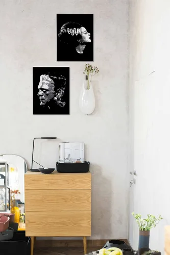 Vista 3 de Juego de 2 lienzos artísticos de pared para parejas de Frankenstein de Halloween de 11 x 14 pulgadas, juego de 2 decoraciones para el hogar, sala