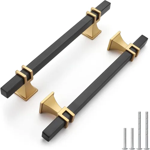 Vista 14 de Haliwu Paquete de 5 tiradores de gabinete con barra en T negra y dorada de 3 pulgadas, tiradores de puerta para armarios de cocina, manijas de zinc