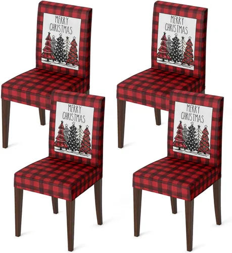 Vista 10 de Horaldaily 4 fundas para sillas de comedor de Navidad, diseño de árboles de búfalo negro, elástico, extraíble, lavable, protector de silla