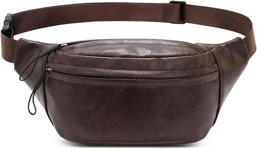 Vista 28 de Ausion Riñonera de cuero para hombres y mujeres, cangurera para senderismo, correr, viajes, múltiples bolsillos - Riñonera con cremalleras Marrón