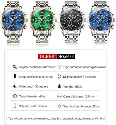 Vista 6 de OLEVS Man Automatic Watches Automatic Mechanical Tourbillon Waterproof Business Watch Stainless Steel Case Strap Day Date Sun Moon Phase Window