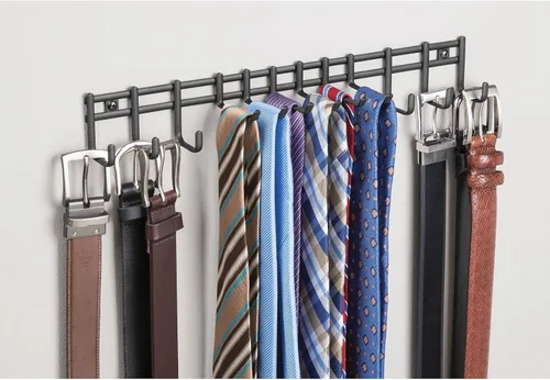 Vista 3 de mDesign Organizador de accesorios y centro de almacenamiento de metal para montaje en pared, moderno soporte delgado para corbatas, cinturones