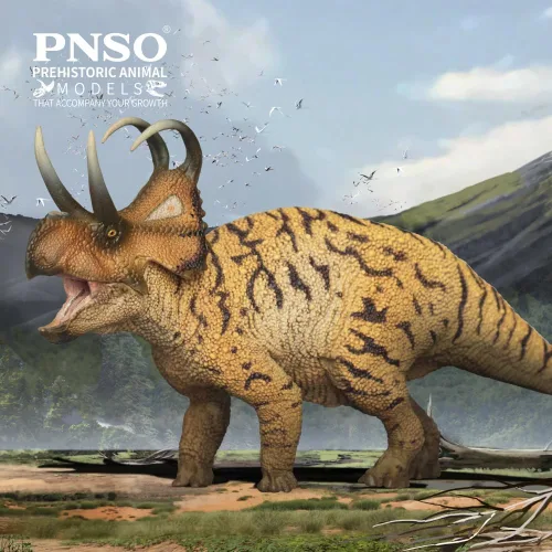 Vista 2 de PNSO Modelos de dinosaurios prehistóricos (41 Perez The Machairoceratops) 6.2" Ceratopsian Model - Curved Frill Horns - Long Brow Horns - Hooked