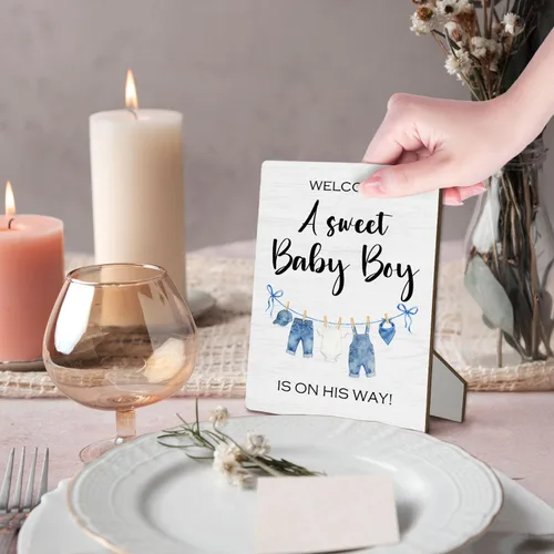 Vista 3 de Letrero azul de bienvenida para baby shower, mesa de ducha de niños y bebés, soporte de madera de 5 x 7 pulgadas, decoración de «A Sweet Baby Boy Is