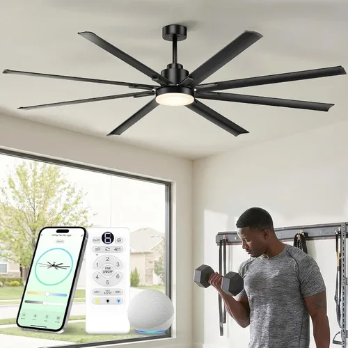 Vista 11 de Ventilador de techo inteligente de 72 pulgadas con luz, ventilador de techo industrial de 8 aspas de níquel cepillado de metal de aluminio