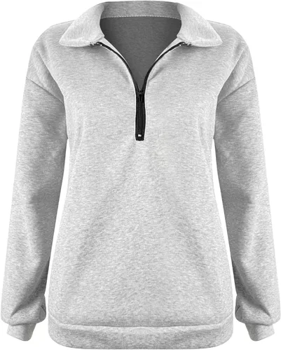 Vista 2 de Sudadera casual de manga larga para mujer, de gran tamaño, con cremallera de 14, cuello abatible, sin capucha, de moda, para otoño