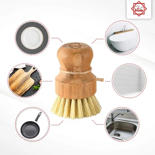 Vista 3 de S&C Kitchen - Cepillo de bambú para limpiar sartén, verduras, platos, wok, platos para cocina, baño, hecho de cerdas de palma y sisal con mango