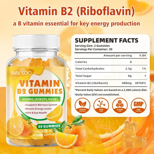 Vista 2 de Gomitas de vitamina B2 – Riboflavina de 400 mg para niños y adultos, alivio de la migraña y alivio del dolor de cabeza, veganas, sin azúcar, sabor