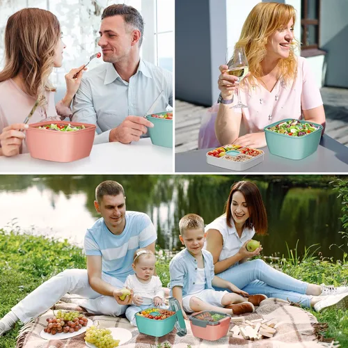 Vista 5 de Cherrysea Lonchera para ensalada, paquete de 2 tazones con 3 compartimentos, a prueba de fugas con tenedor y contenedor de salsa - Verde+Rosa