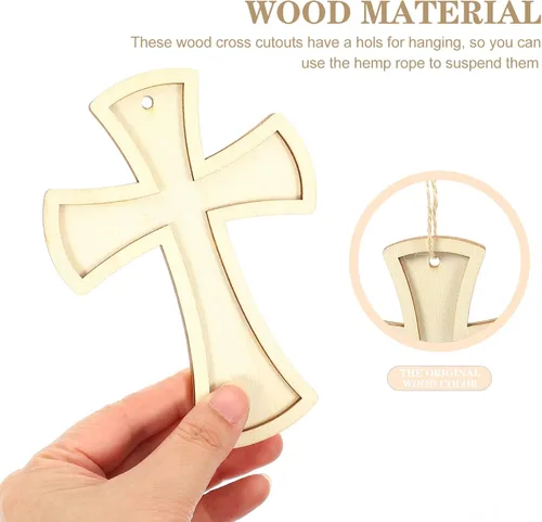 Vista 2 de 12 cruces de madera para manualidades, piezas de madera sin terminar, piezas de madera, adornos colgantes de cruz de pared con cuerda de yute
