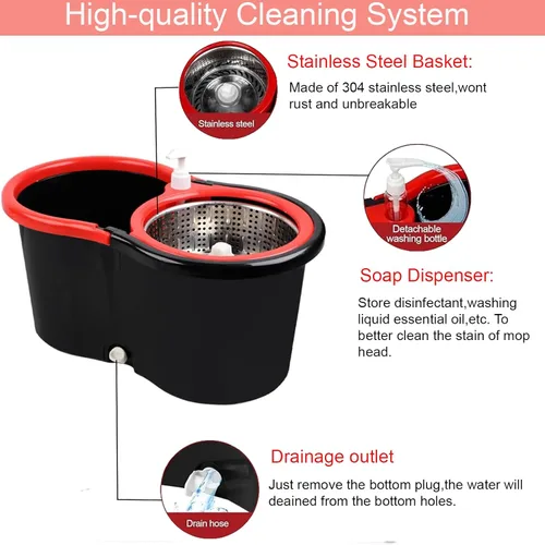 Vista 4 de Trapeador giratorio y cubo con juego de escurridor, sistema de cubo giratorio de 360° con 3 cabezales de repuesto de mopa de microfibra, mango