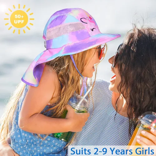 Vista 3 de Sombrero de sol para niños, protección UV, unicornio, verano, playa, sombreros de ala ancha para el cuello para niñas y niños de 2 a 9 años