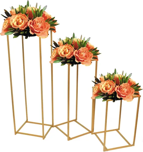 Vista 4 de Jarrones de columna para centros de mesa de boda, 3 piezas, soporte de flores de metal, jarrón alto dorado, estante geométrico rectangular