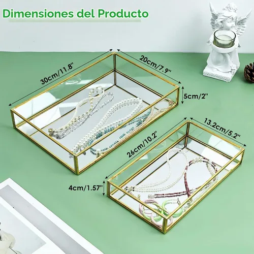 Vista 2 de HighFree Bandeja Rectangular de Espejo Dorado, Bandeja Decorativa de Vidrio con Espejo para Tocador para Perfume, Cosméticos, Maquillaje, Baratijas