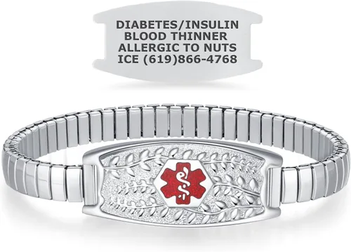 Vista 10 de Pulsera de Alerta Médica Elástica Oliva Divoti – Etiqueta de ID de Acero Inoxidable Grabada Personalizada – Hipoalergénica, Sin Cierre