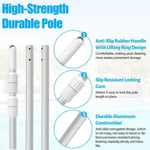 Vista 5 de YEECHUN Poste de piscina profesional de 16.5 pies telescópico de aluminio resistente, longitud ajustable de 6.5 a 16.5 pies, poste universal