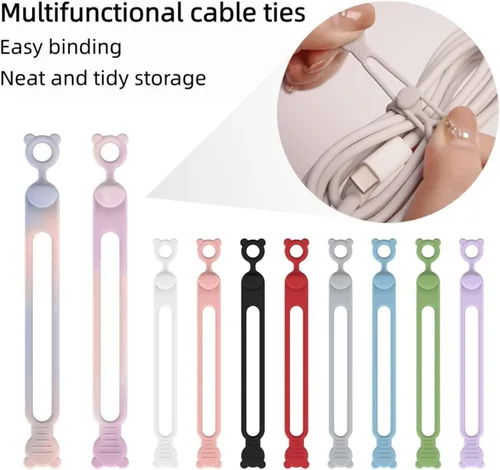 Vista 2 de 10 bridas de silicona reutilizables, correas de alambre elásticas autoadhesivas para gestión de cables, organizador para cables de auriculares