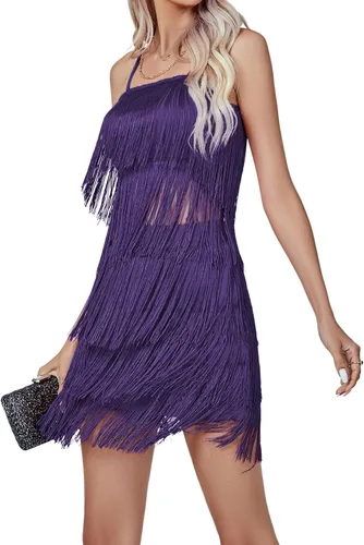 Vista 3 de LYANER Conjunto sexy de dos piezas con flecos sin mangas y falda corta para mujer