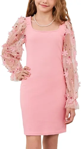Vista 7 de WDIRARA Vestido de malla transparente con volantes para niña, de manga larga, con apliques y cuello cuadrado Flor de malla negra