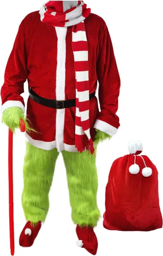 Vista 3 de Christmas Santa Claus Costume Green Furry Monster Suits Outfit Santa Coat Cosplay Mask Halloween Christmas Costumes for Men