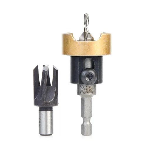 Vista 7 de Amana Tool Juego avellanador para carpintería, AMS-621, 3 piezas Punta de carburo con tope de profundidad ajustable y sin empuje, sin rodamiento