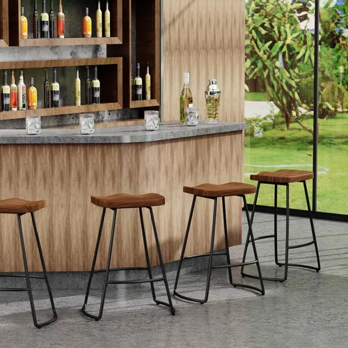 Vista 5 de Juego de 4 taburetes de bar industriales de metal negro con parte superior de madera, 24 pulgadas