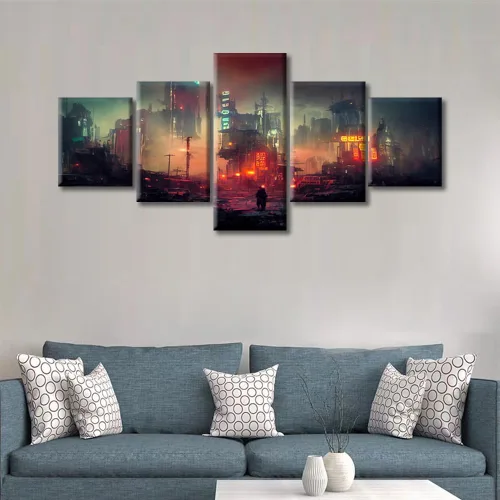 Vista 148 de Cuadros de 5 paneles de Cyberpunk City, arte de pared, representación de vallas publicitarias, edificios modernos en la capital con obras de arte