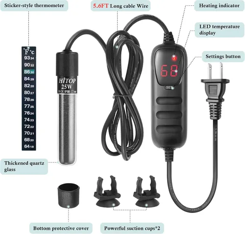 Vista 6 de HITOP Mini calentador sumergible para acuario – 25 W, 50 W, 100 W, 200 W, 300 W, calentador pequeño para pecera de 1 a 70 galones con controlador