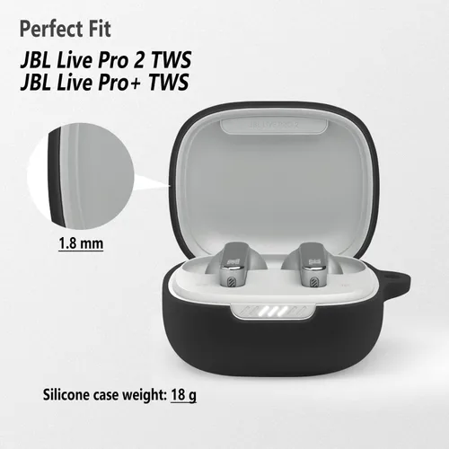Vista 2 de Geiomoo Funda de silicona compatible con JBL Live Pro TWS 2, JBL Live Pro+ TWS Funda protectora con mosquetón (negro)