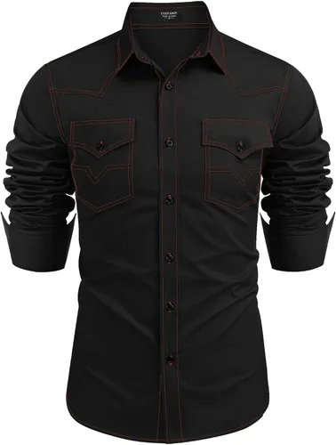 Vista 11 de COOFANDY Camisa vaquera de manga larga para hombre, de algodón, con botones, estilo casual, con bolsillos 01-Negro