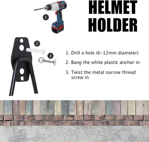 Vista 4 de KETABAO Soporte de gancho para casco de montaje en pared, 2 ganchos curvos de hierro de PVC grandes, tornillos (negro)