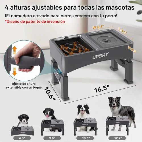 Vista 2 de UPSKY Cuencos para Perros Elevados 2-en-1 con Alimentador Lento, Soporte de Cuenco Elevado Ajustable en 4 Alturas, Cuencos para Perros sin Derrame