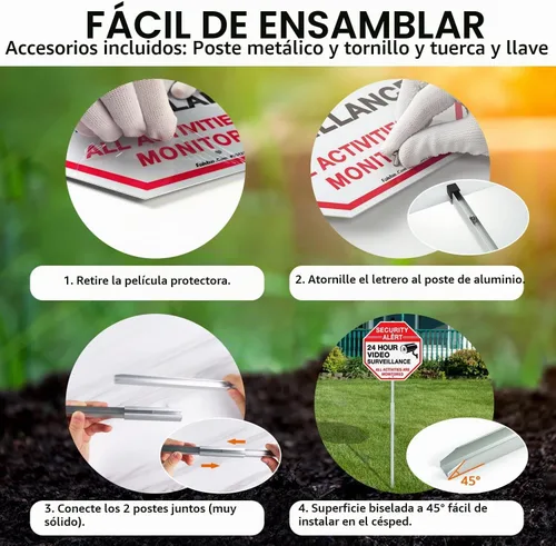 Vista 4 de Faittoo Letrero de seguridad para videovigilancia con estaca de 36 pulgadas para exterior, aluminio pesado libre de óxido, reflectante, resistente a