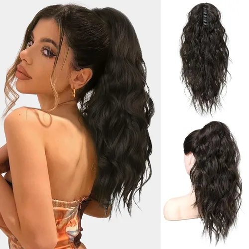 Vista 26 de FLUFYMOOZ Extensión de cola de caballo, extensión de cola de caballo con clip de garra de 18 pulgadas, extensiones de cabello ondulado y rizado