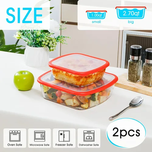 Vista 2 de NUTRIUPS Juego de 2 fuentes cuadradas para hornear de vidrio de 9 x 9 y 7 x 7 pulgadas con tapa, molde para hornear profundo, apto para horno