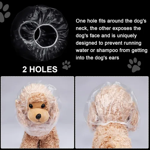 Vista 2 de Weewooday 32 gorras desechables para ducha para mascotas, cubiertas de plástico para orejas de perro, para baño, gotas, protector – Protección